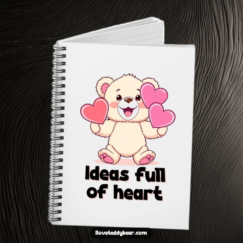 Funny fluffy teddy bear juggling hearts on the cover of a notebook, perfect for a funny gift.