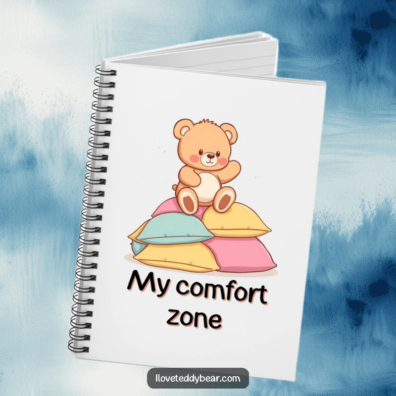 Funny notebook cover showing a teddy bear playfully tumbling onto a soft pile of pillows, inspiring lighthearted writing and creative ideas.