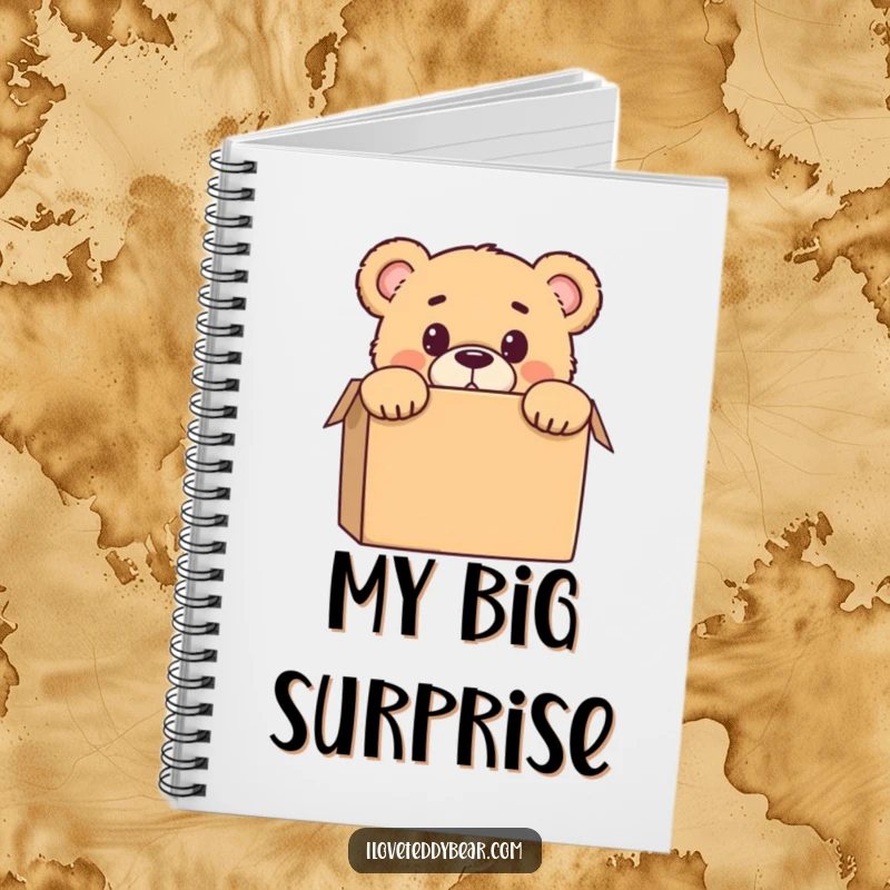 Funny notebook with a teddy bear peeking from behind a box, showing a surprised look, perfect for notes and journaling.