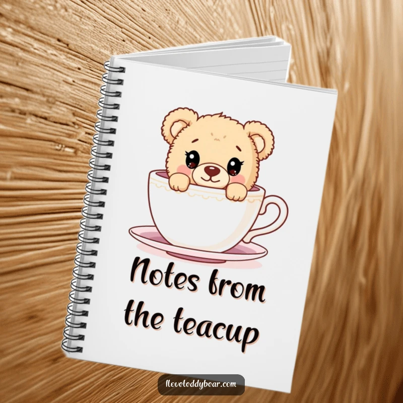 Funny Notebook cover showcasing a teddy bear's curious eyes peeking over the edge of a large teacup, ready to hold your notes.