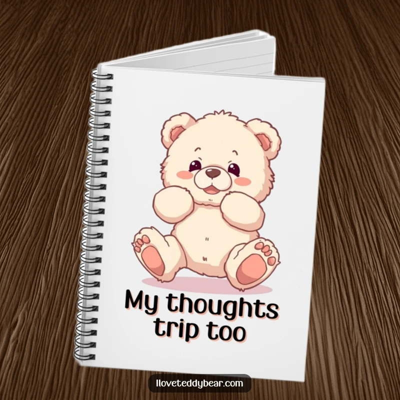 Funny notebook with a fluffy teddy bear comically tripping over its own feet, perfect for jotting down thoughts with a touch of humor.