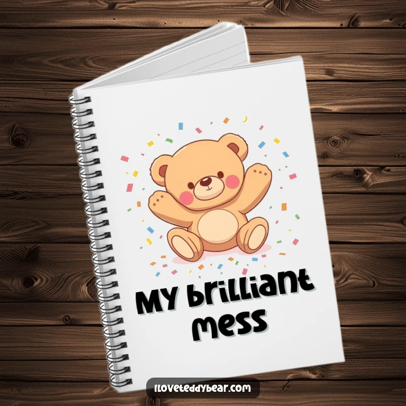 Funny notebook featuring a teddy bear comically tripping and scattering confetti, perfect for jotting down notes with a burst of energy.