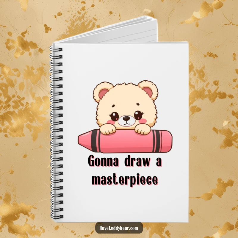 Funny bear notebook, fluffy bear peeking behind a giant crayon, wide-eyed curiosity, artistic journal.