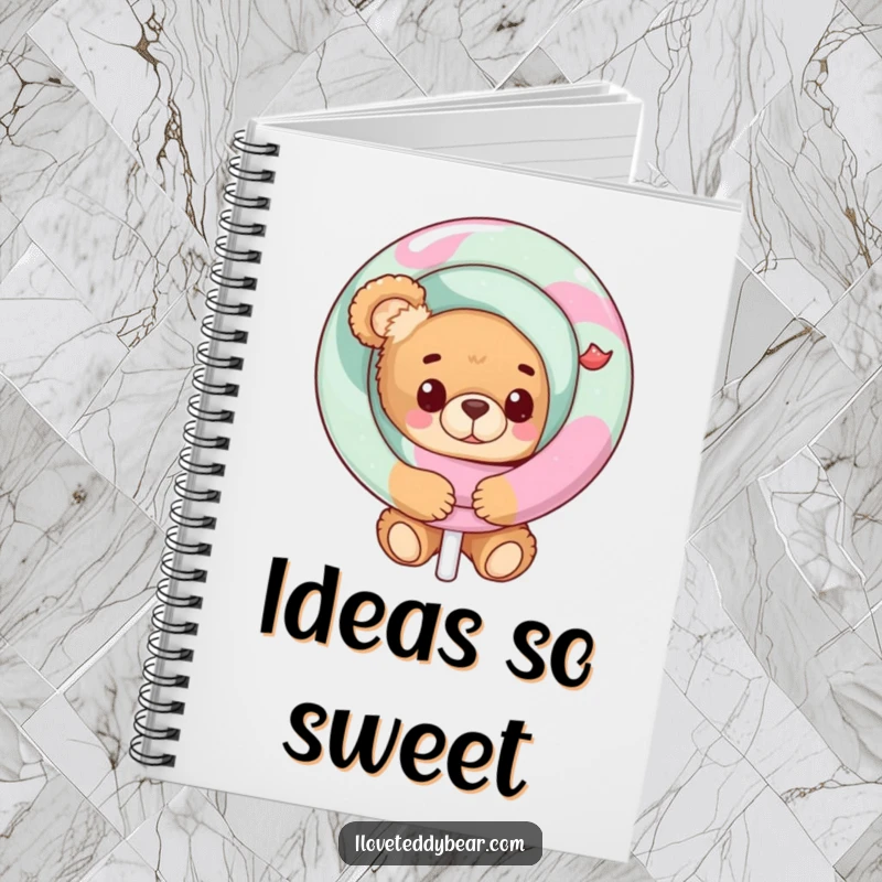 Funny Teddy Bear Notebook with a cute bear peeking behind a large lollipop, great for notes and sweet doodles.