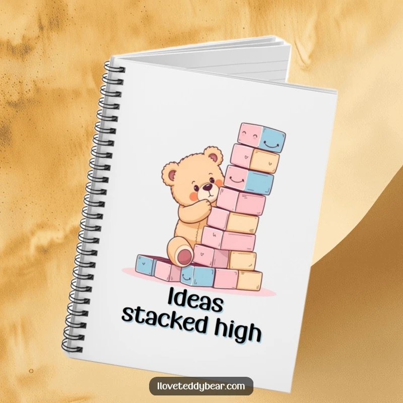 Funny teddy bear notebook featuring a bear precariously stacking blocks, inspiring humorous planning and writing.