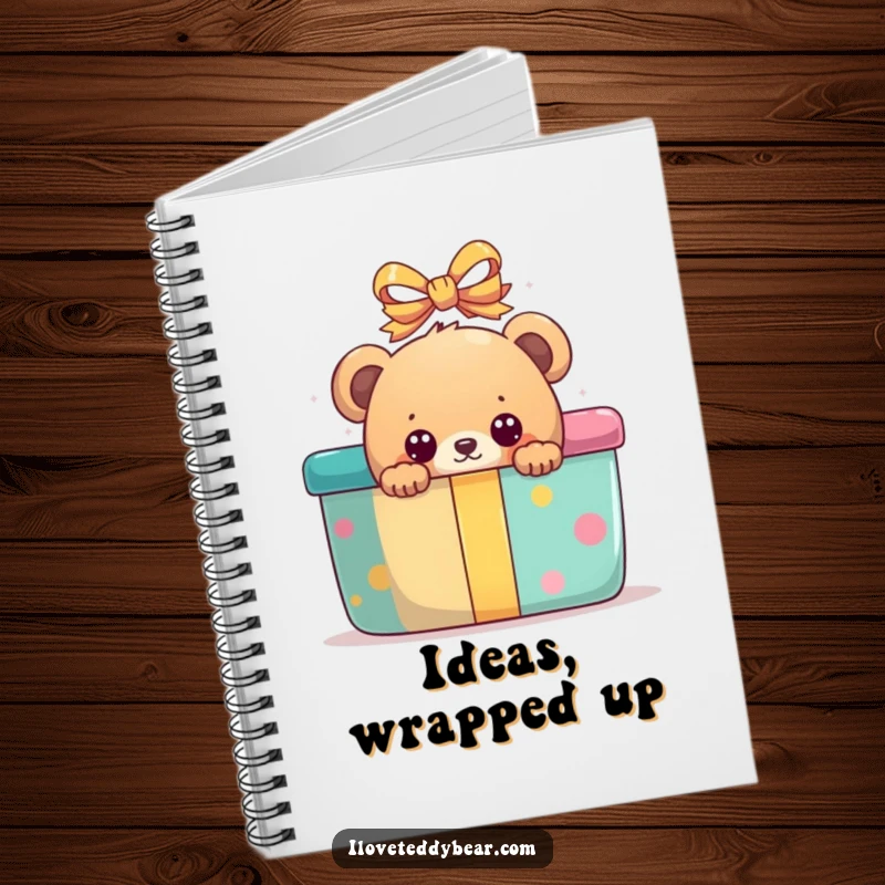 Funny notebook cover with a bear peeking with wide eyes from behind a large, colorful present, ideal for notes.