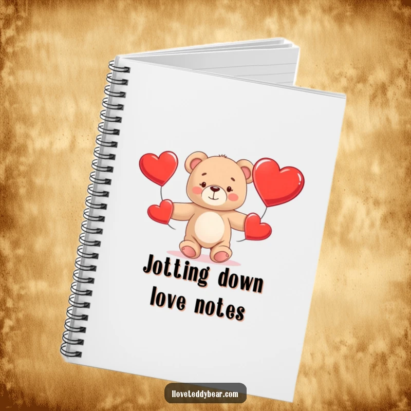 Funny Teddy Bear Notebook with a cute bear struggling to juggle three oversized red hearts, great for notes and doodling.