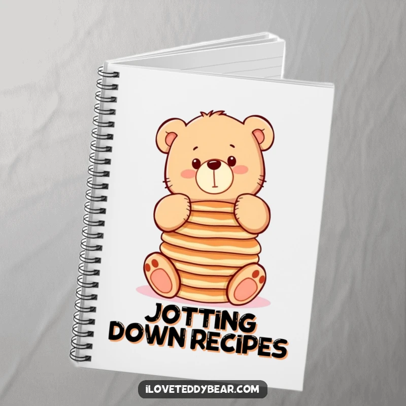 Funny notebook featuring a chubby teddy bear balancing pancakes, great for recipe notes or daily journaling.