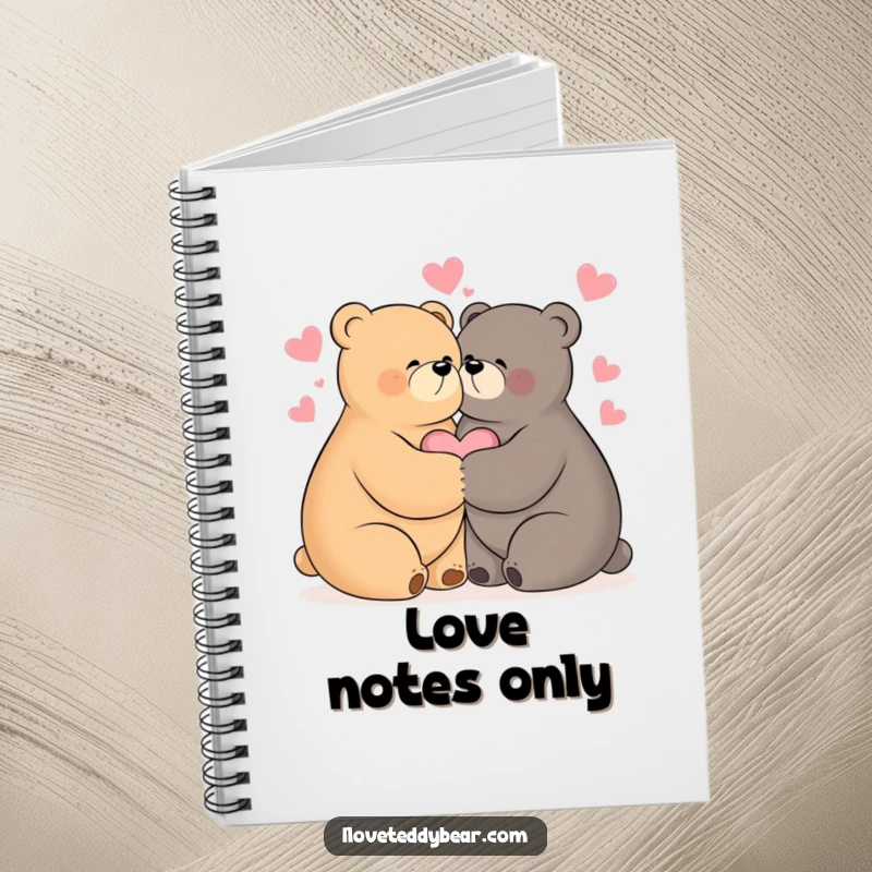 Funny notebook cover adorned with two bears hugging tightly, encircled by hearts, ideal for journaling sweet memories.