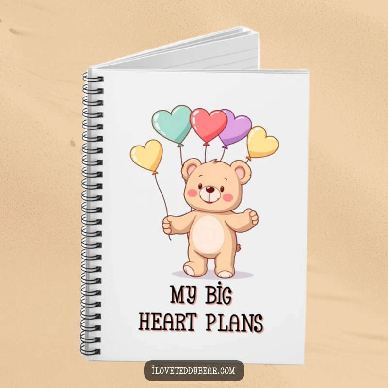 Funny Notebook featuring a cute teddy bear in the process of juggling multiple heart-shaped balloons on its cover, ready for your notes.