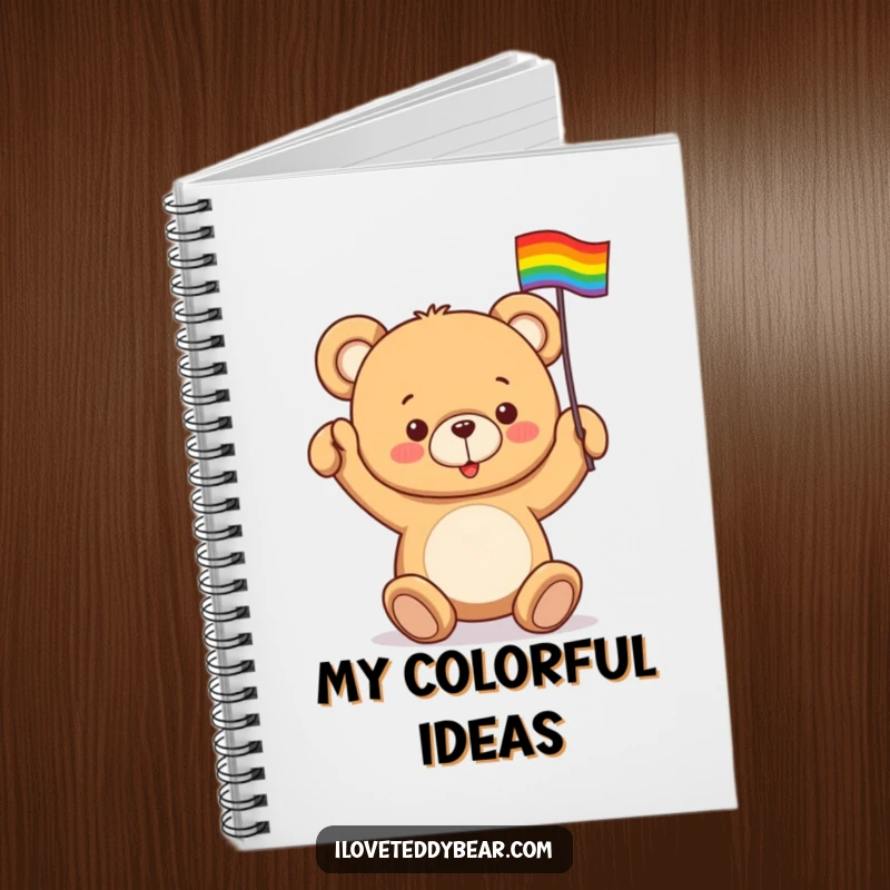 Funny notebook with a teddy bear enthusiastically waving a tiny rainbow flag, ideal for jotting down supportive and prideful thoughts.