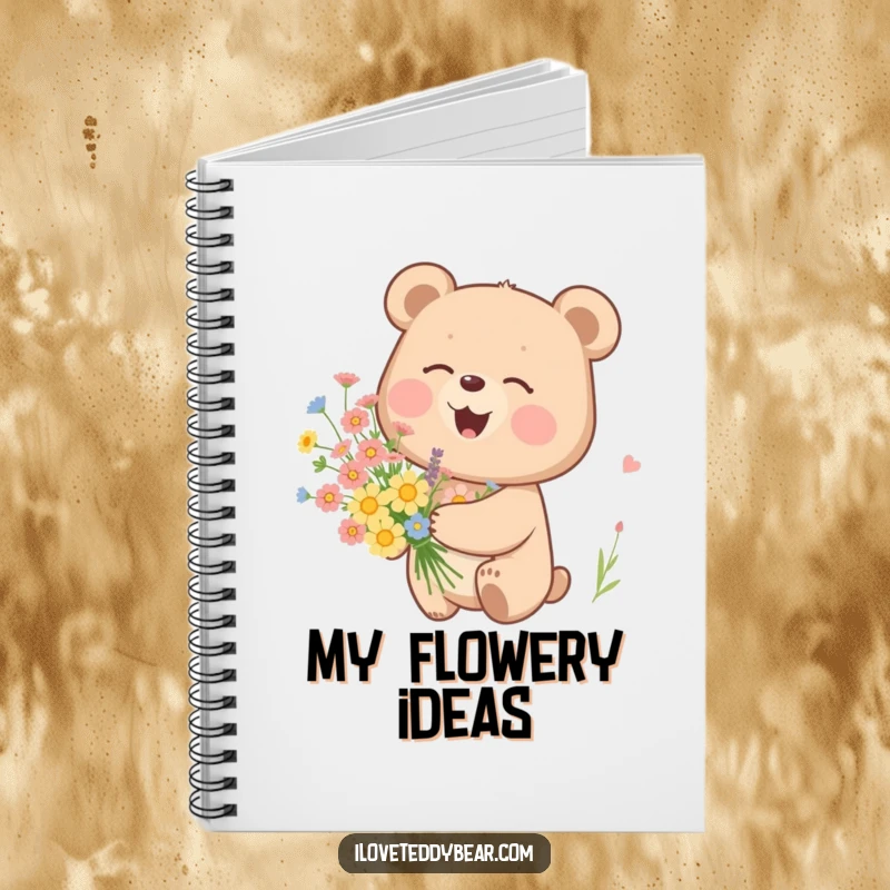 Funny notebook cover adorned with a bear giggling contentedly amongst a bouquet of wildflowers, perfect for note-taking.