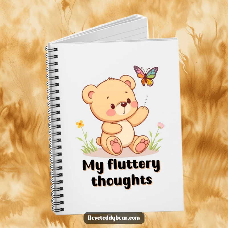 Funny notebook cover with a teddy bear playfully chasing a bouncing butterfly, perfect for journaling and creative writing.