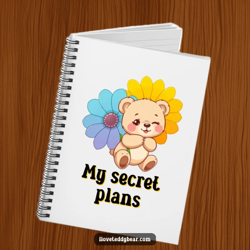 Funny notebook featuring a teddy bear winking mischievously and hiding a flower, great for keeping notes with a touch of playful secrecy.