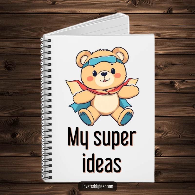 Funny notebook cover showing a determined teddy bear superhero flying with its cape flowing, inspiring heroic thoughts and grand plans.