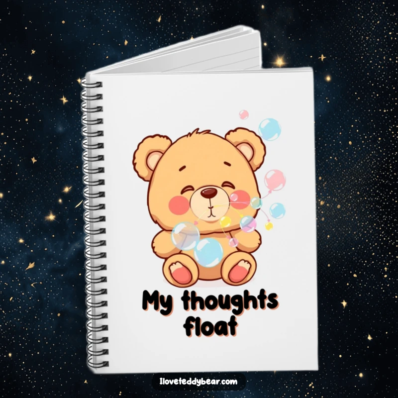 Funny notebook featuring a teddy bear blowing colorful bubbles, perfect for writing down notes and creative ideas.