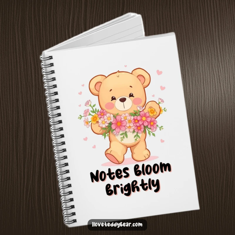 Funny Teddy Bear Notebook with a happy bear dancing with a bouquet of flowers, great for notes and cheerful doodles.