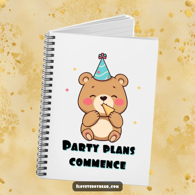 Funny notebook with a bear wearing a party hat and blowing a noisemaker with glee, perfect for note-taking.