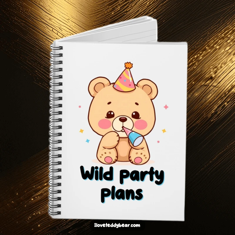 Funny Notebook with a bear cub in a party hat blowing a noisemaker, ideal for planning festive events with humor.