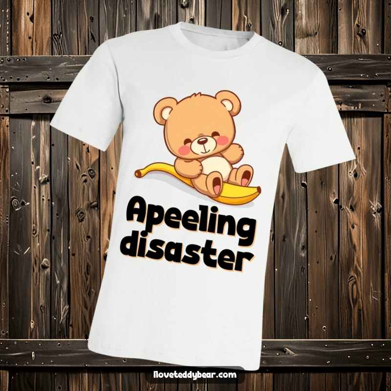 Funny teddy bear t-shirt depicting a bear comically slipping on a slippery banana peel, mid-fall with wide eyes.