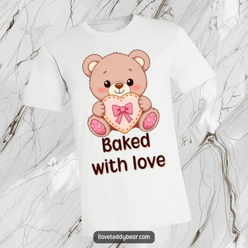 Funny Teddy Bear Cookie T-Shirt: Teddy bear proudly presents a heart cookie with a bow, showcasing sweetness and care.