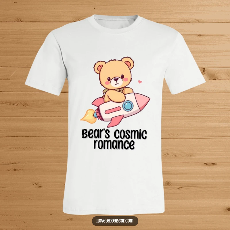Funny t-shirt with a cheerful teddy bear piloting a vibrant heart-shaped rocket through a starry sky, ready for adventure.