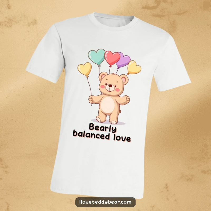 Funny T-Shirt showing a happy teddy bear in mid-air, expertly juggling several red heart balloons with a big smile.