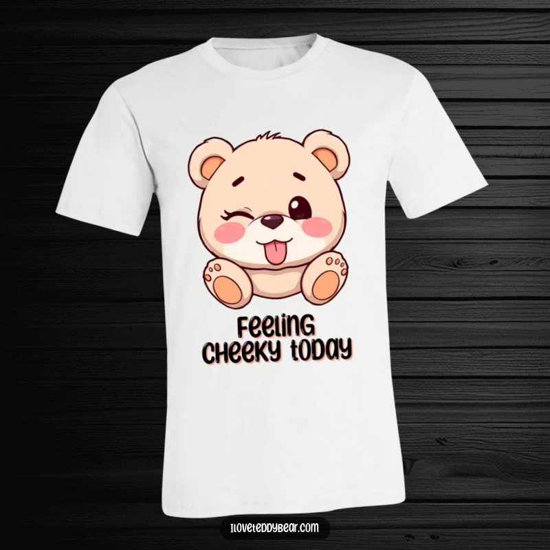 Funny Teddy Bear Winking T-Shirt: A cute teddy bear winks playfully with its tongue out, conveying mischief and fun.