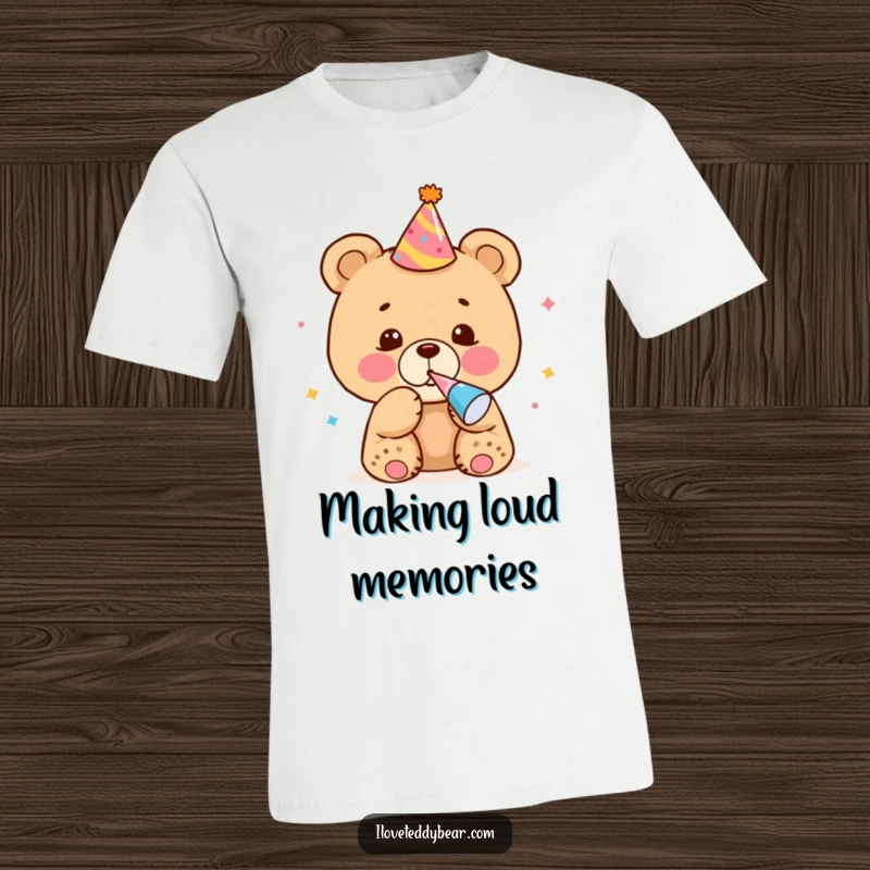 Funny T-Shirt of a bear cub in a party hat blowing a noisemaker, perfect for festive occasions and birthday fun.