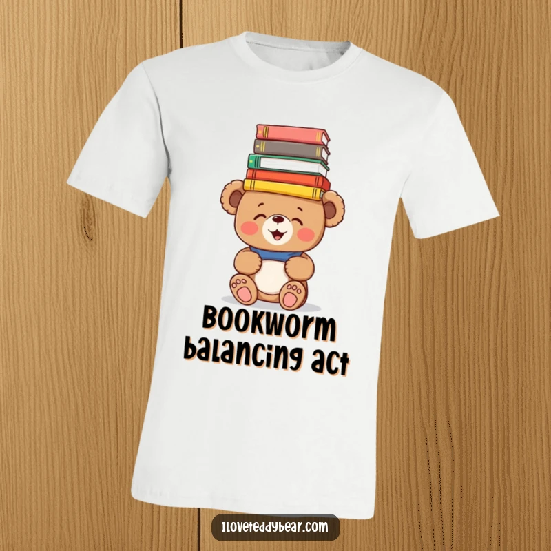 Funny T-Shirt: A giggling teddy bear attempts to balance a colorful pile of books on its head, looking delightfully precarious and humorous.