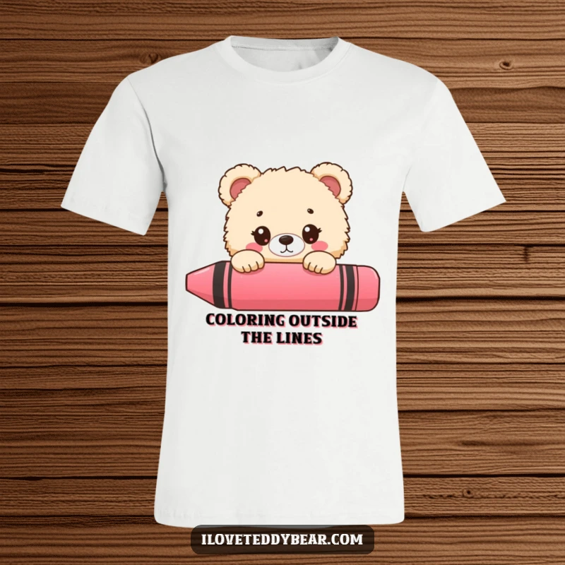 Funny fluffy bear t-shirt, peeking from behind a giant crayon with wide eyes, artistic and whimsical.