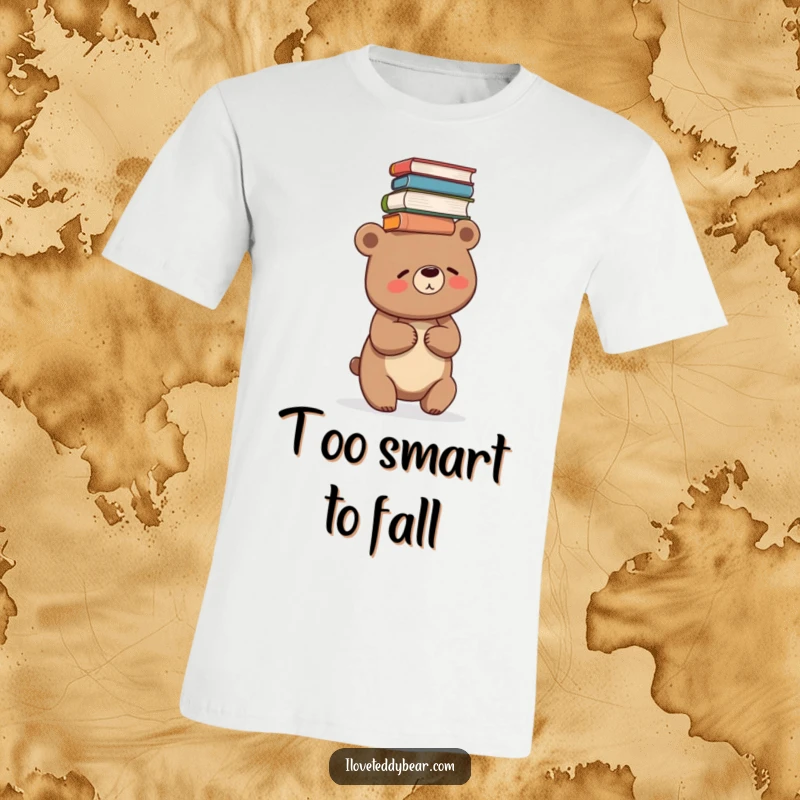 Funny t-shirt graphic of a bear giggling uncontrollably while balancing a precarious stack of books on its head.