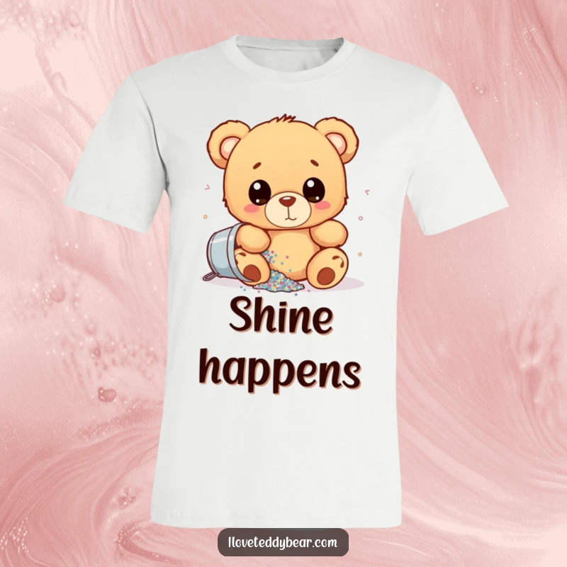 Funny t-shirt showing a wide-eyed teddy bear accidentally spilling a bucket of shimmering glitter, a delightful depiction of playful chaos.