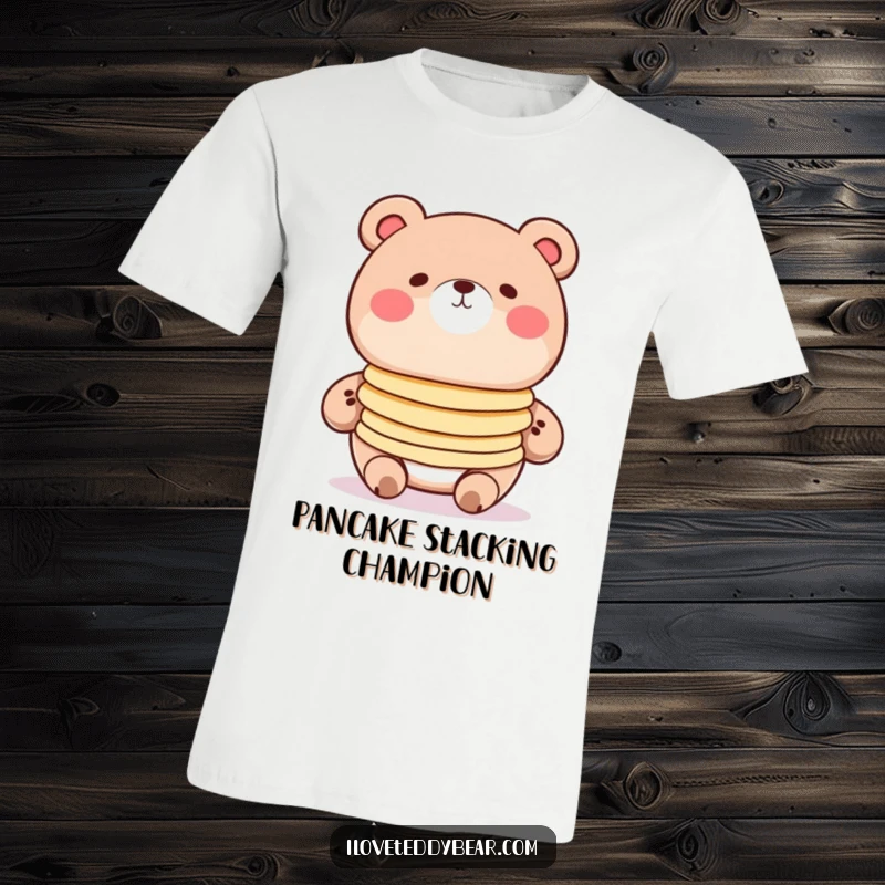 Funny pancake bear t-shirt, round bear with rosy cheeks balancing pancakes, cute cartoon art, breakfast theme.