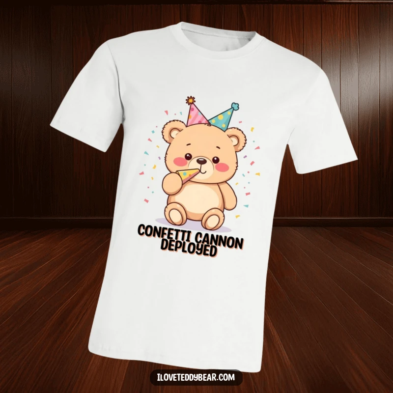 Funny T-Shirt: Plump teddy bear wearing a tiny party hat enthusiastically blows a confetti-filled party horn, embodying pure, unadulterated festive joy.