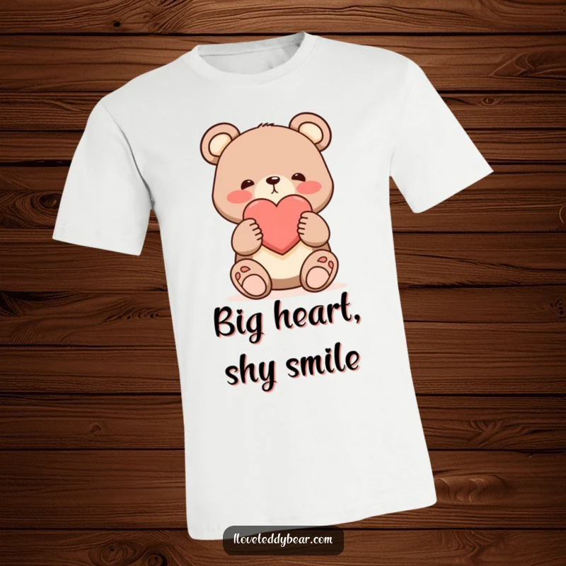 Funny shy bear t-shirt, bear offering a single large heart with a blush, cute cartoon art, romantic expression.