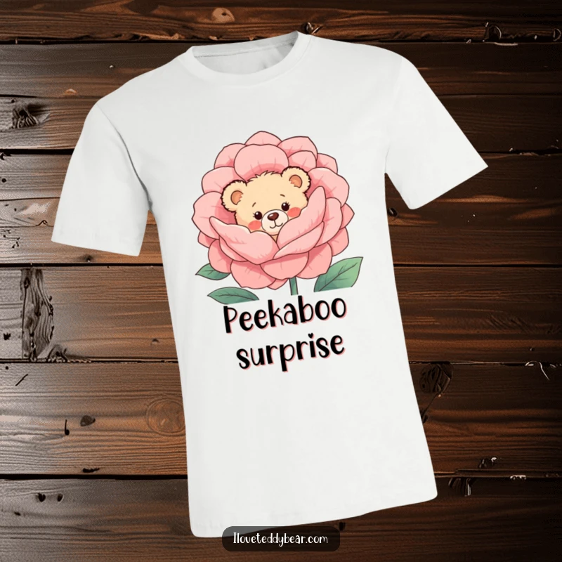 Funny T-Shirt: A shy teddy bear with blushing cheeks peeks playfully from behind a large, vibrant flower, showcasing endearing bashfulness.