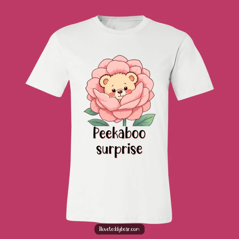Funny Shy Bear T-Shirt: Cute Teddy Peeking from Flower, Soft and Funny Gift Tee