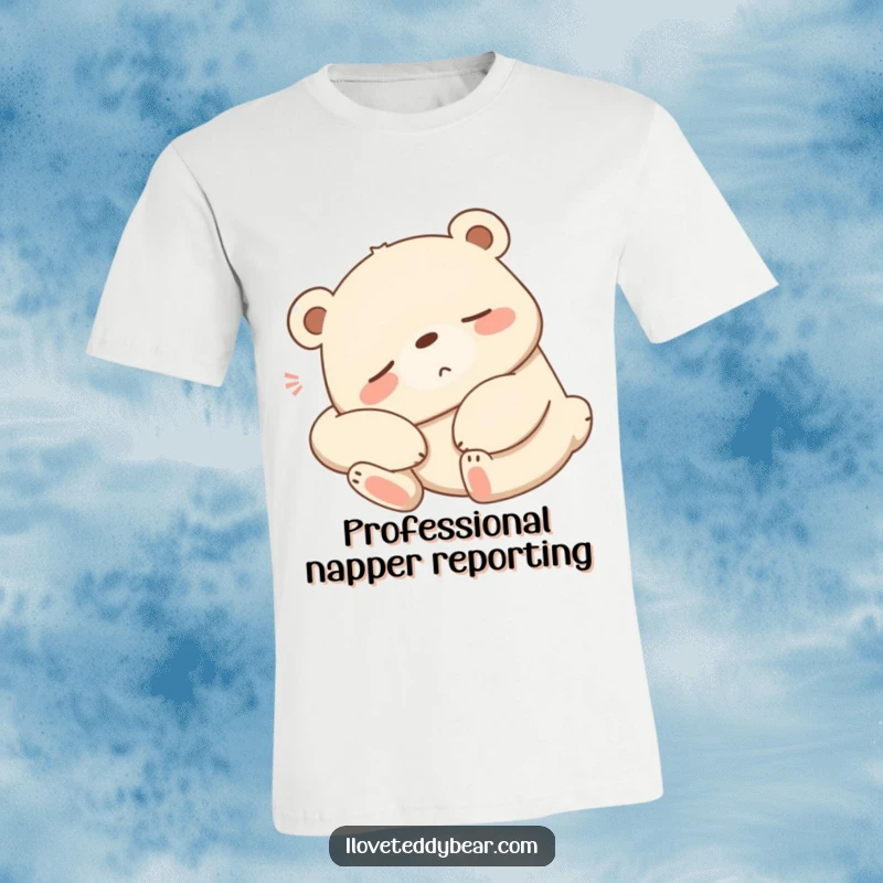 Funny sleepy bear t-shirt, bear stretching lazily with a contented sigh, comfortable cartoon art, lazy day outfit.