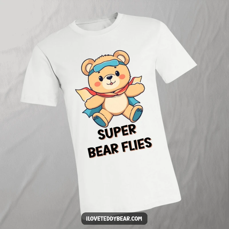 Funny t-shirt featuring a courageous teddy bear wearing a flowing superhero cape, soaring dynamically through the clouds with determination.