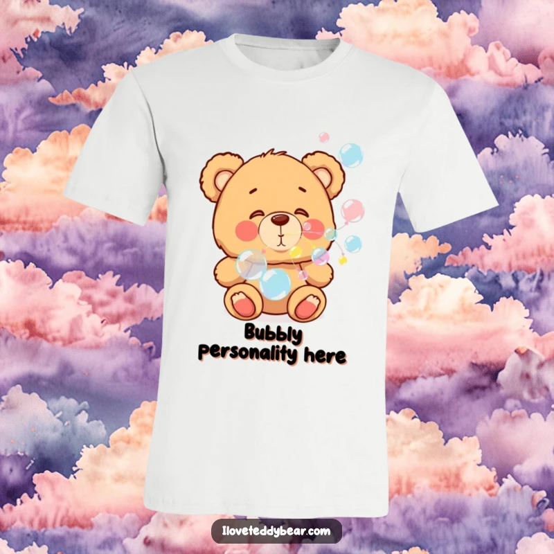 Funny t-shirt featuring a rosy-cheeked teddy bear blowing a stream of colorful bubbles, evoking happiness and fun, great for gifts.