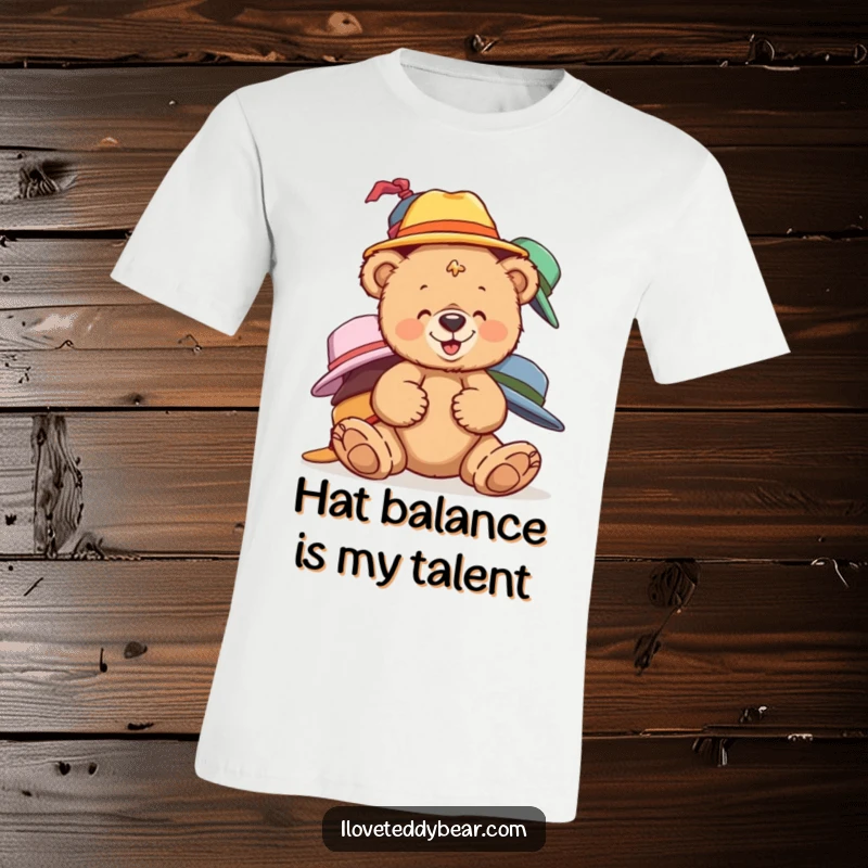 Funny teddy bear t-shirt with a bear giggling while balancing mismatched hats, great for cheerful humor.