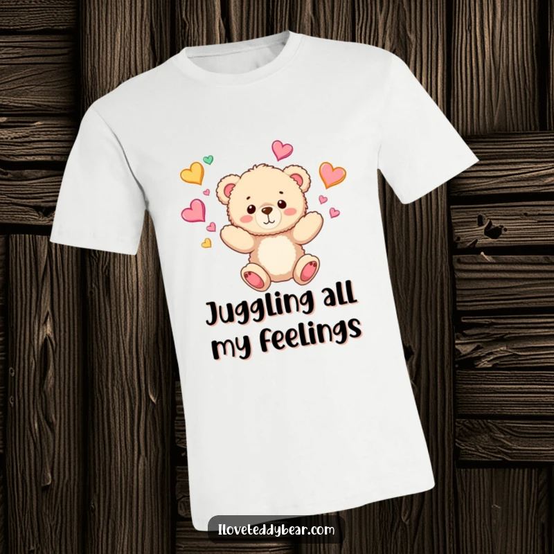 Funny Teddy Bear T-Shirt: A design of a teddy bear joyfully juggling vibrant hearts, representing love, happiness, and playful energy.