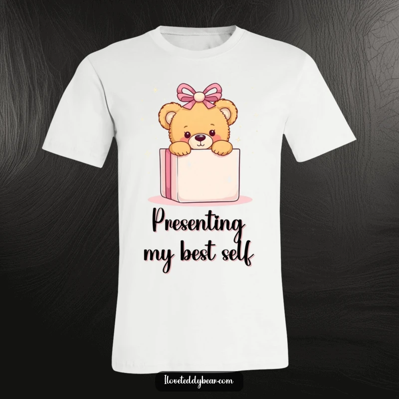 Funny t-shirt showcasing a teddy bear playfully peeking from behind a huge, sparkling gift, radiating excitement and surprise.
