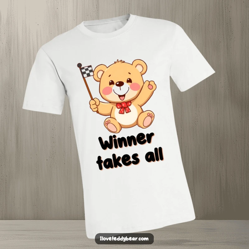 Funny Teddy Bear Racing Flag T-Shirt: Teddy bear with a determined smile waving a checkered flag, celebrating victory.