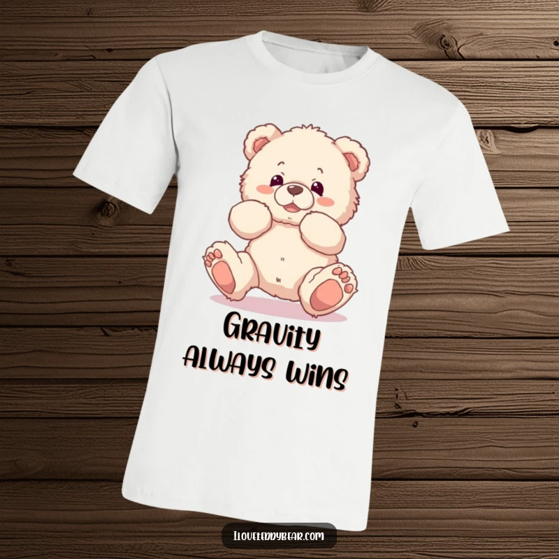Funny t-shirt showing a fluffy teddy bear comically tripping over its own feet, highlighting endearing clumsiness and lightheartedness.
