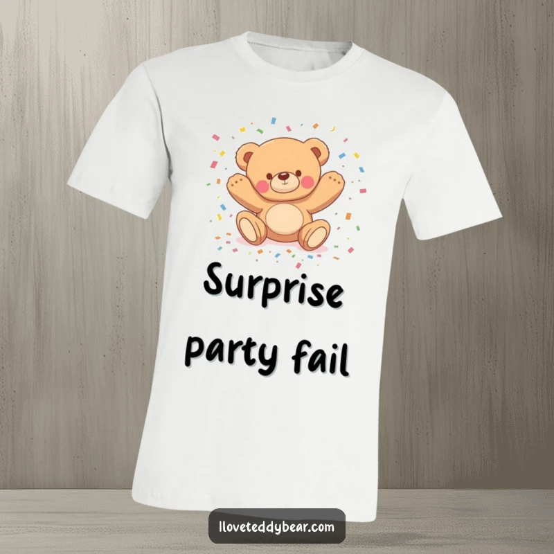 Funny t-shirt showing a teddy bear comically tripping, with a shower of confetti exploding around it, capturing joyful disarray.