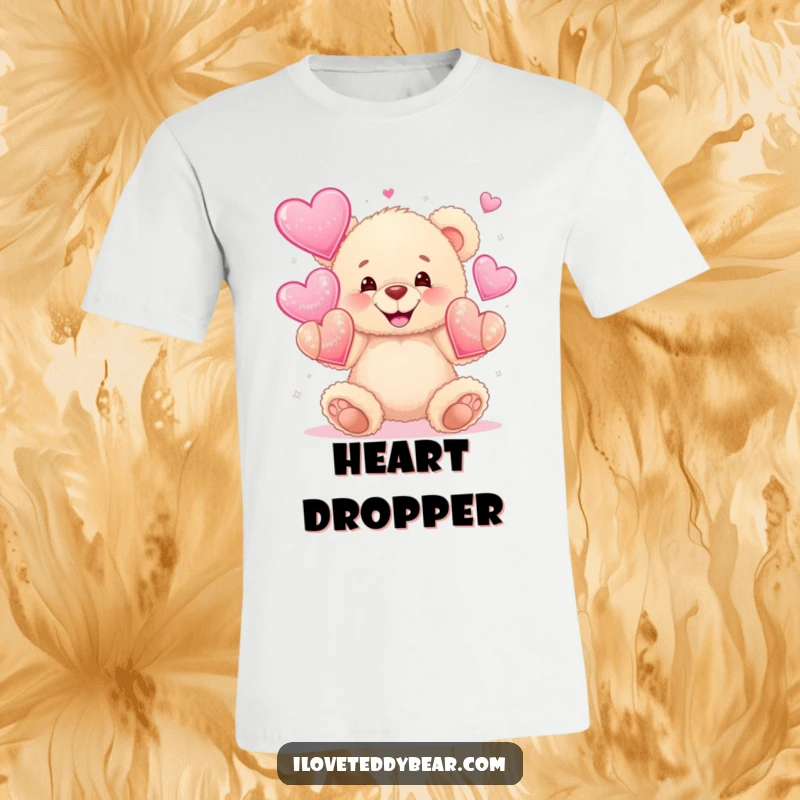 Funny t-shirt depicting a fluffy teddy bear with a wide grin, juggling oversized sparkly hearts, symbolizing love and playful happiness.