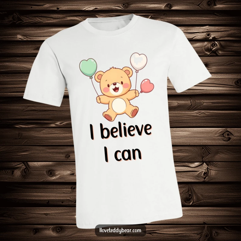 Funny t-shirt showing a cheerful teddy bear attempting to fly with two small balloons attached as wings. A heartwarming funny gift.