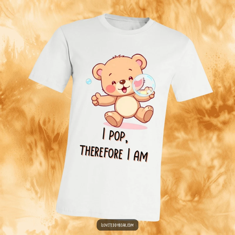 Funny T-Shirt showcasing a teddy bear with wide eyes, enthusiastically running after a large, sparkling bubble, full of playful determination.